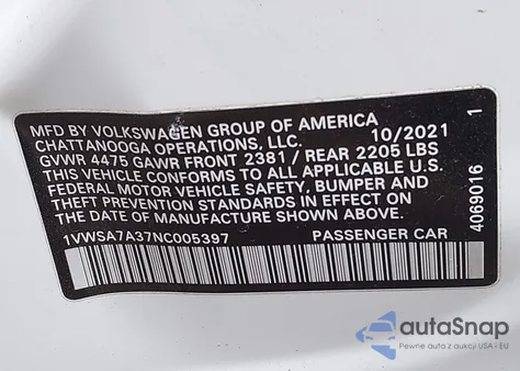 2022 Volkswagen Passat 2.0T Se z USA, uszkodzony, nr VIN 1VWSA7A37NC005397